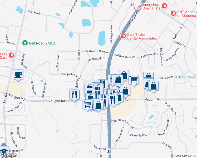 map of restaurants, bars, coffee shops, grocery stores, and more near 8377 Grand Oaks Court in Montgomery