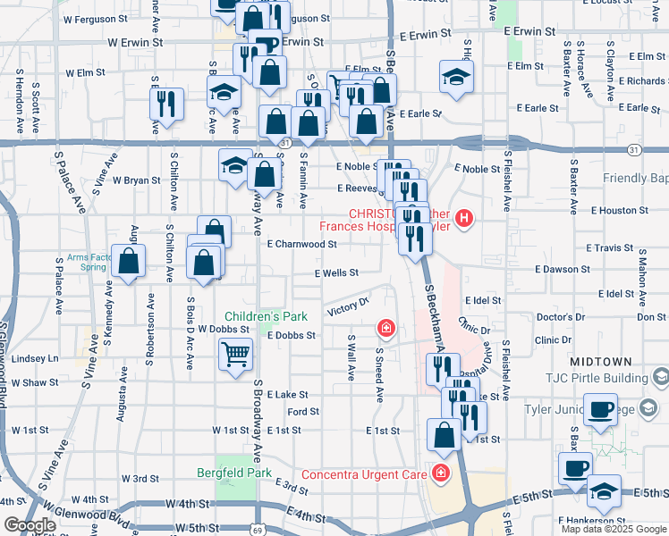 map of restaurants, bars, coffee shops, grocery stores, and more near 408 Wells St in Tyler