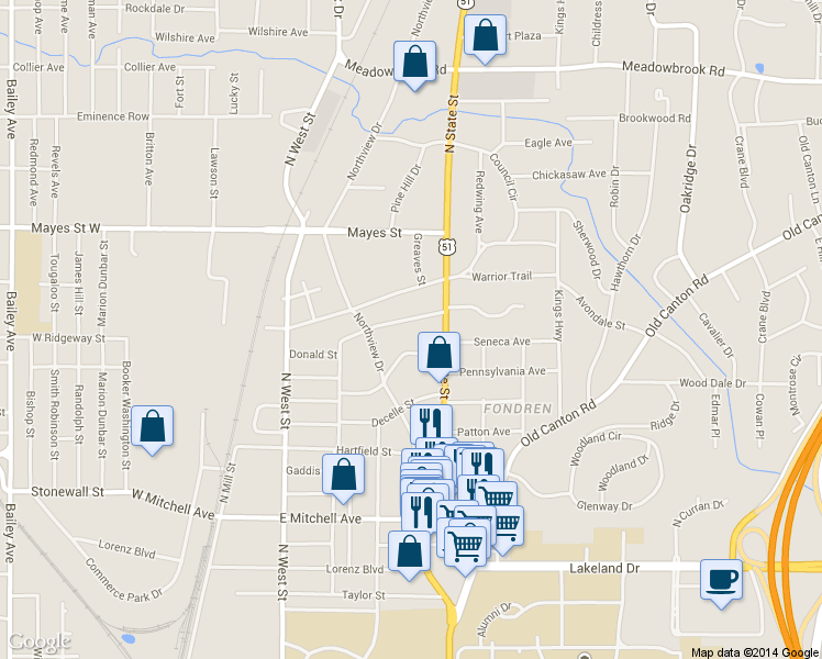 map of restaurants, bars, coffee shops, grocery stores, and more near 449 Downing Street in Jackson