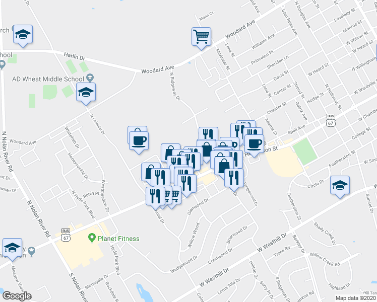 map of restaurants, bars, coffee shops, grocery stores, and more near 101 Westcourt Street in Cleburne