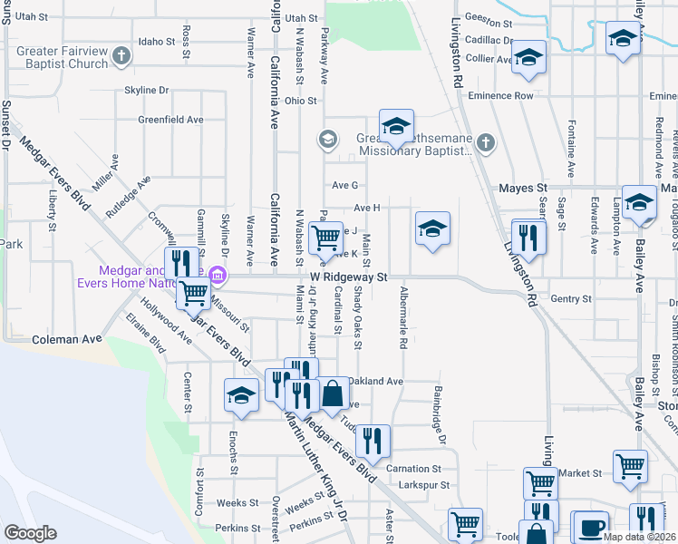 map of restaurants, bars, coffee shops, grocery stores, and more near 1852 West Ridgeway Street in Jackson