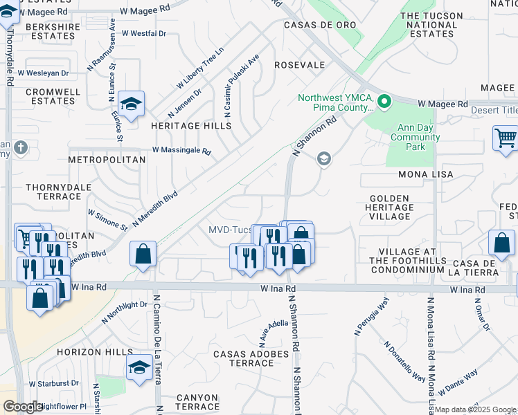 map of restaurants, bars, coffee shops, grocery stores, and more near 7431 North Patriot Drive in Tucson
