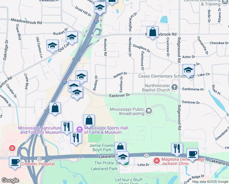 map of restaurants, bars, coffee shops, grocery stores, and more near 1418 Eastover Drive in Jackson