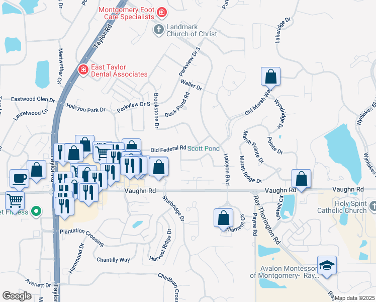 map of restaurants, bars, coffee shops, grocery stores, and more near 8308 Old Federal Road in Montgomery