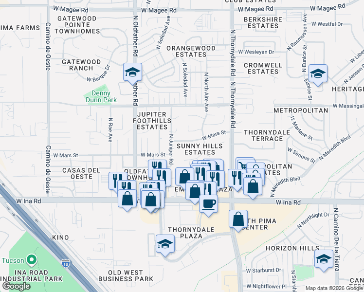 map of restaurants, bars, coffee shops, grocery stores, and more near 3990 West Wild Horse Place in Tucson