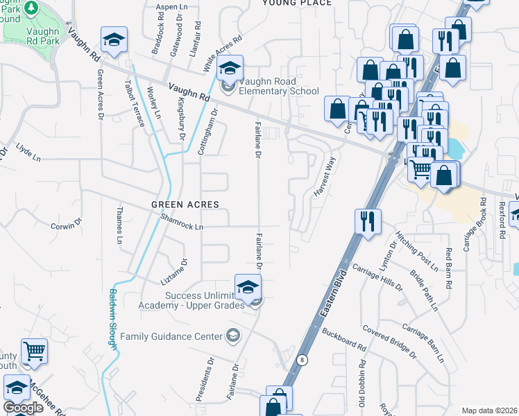 map of restaurants, bars, coffee shops, grocery stores, and more near 35 Fairlane Drive in Montgomery