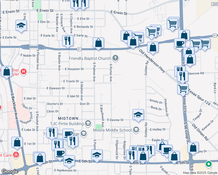 map of restaurants, bars, coffee shops, grocery stores, and more near 725 South Porter Avenue in Tyler