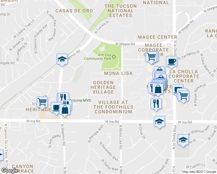 map of restaurants, bars, coffee shops, grocery stores, and more near 2581 West Crown King Drive in Tucson