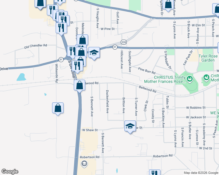 map of restaurants, bars, coffee shops, grocery stores, and more near 702 Duckenfield Avenue in Tyler