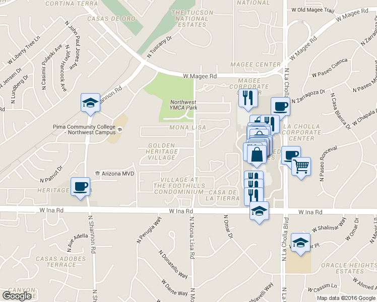 map of restaurants, bars, coffee shops, grocery stores, and more near 2509 West Crown King Drive in Tucson