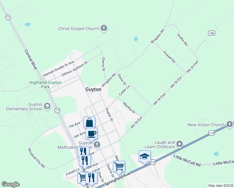 map of restaurants, bars, coffee shops, grocery stores, and more near 171 Cedar Lane in Guyton