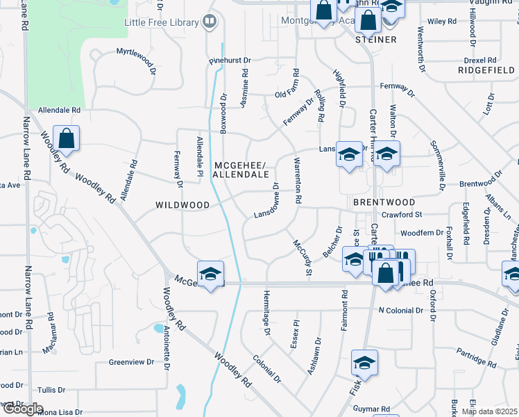 map of restaurants, bars, coffee shops, grocery stores, and more near 3436 Lansdowne Drive in Montgomery