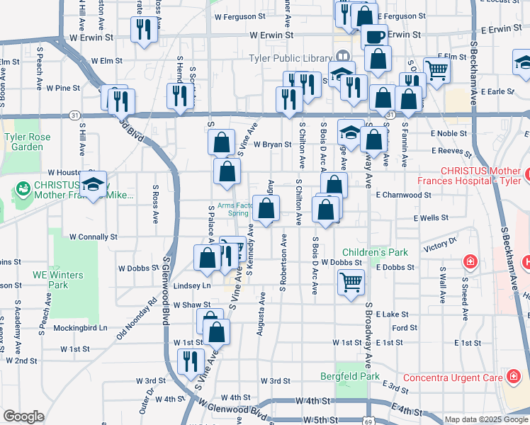 map of restaurants, bars, coffee shops, grocery stores, and more near 721 Augusta Avenue in Tyler