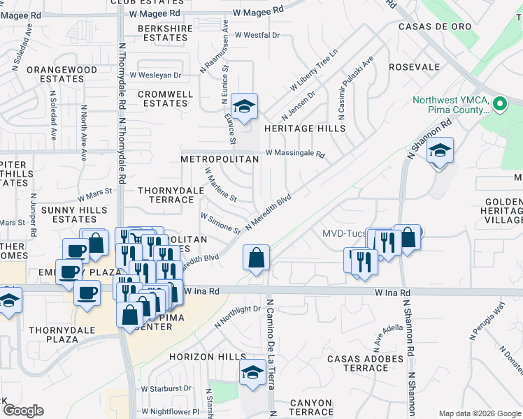 map of restaurants, bars, coffee shops, grocery stores, and more near 7420 North Oliver Avenue in Tucson