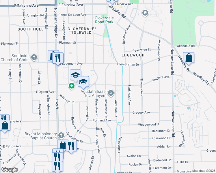 map of restaurants, bars, coffee shops, grocery stores, and more near 3503 Cloverdale Road in Montgomery