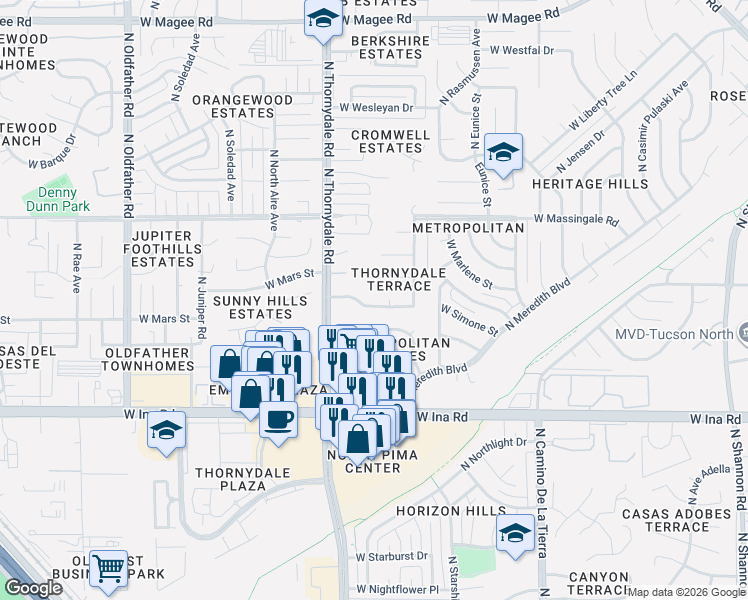map of restaurants, bars, coffee shops, grocery stores, and more near 3696 West Meadow Briar Drive in Tucson