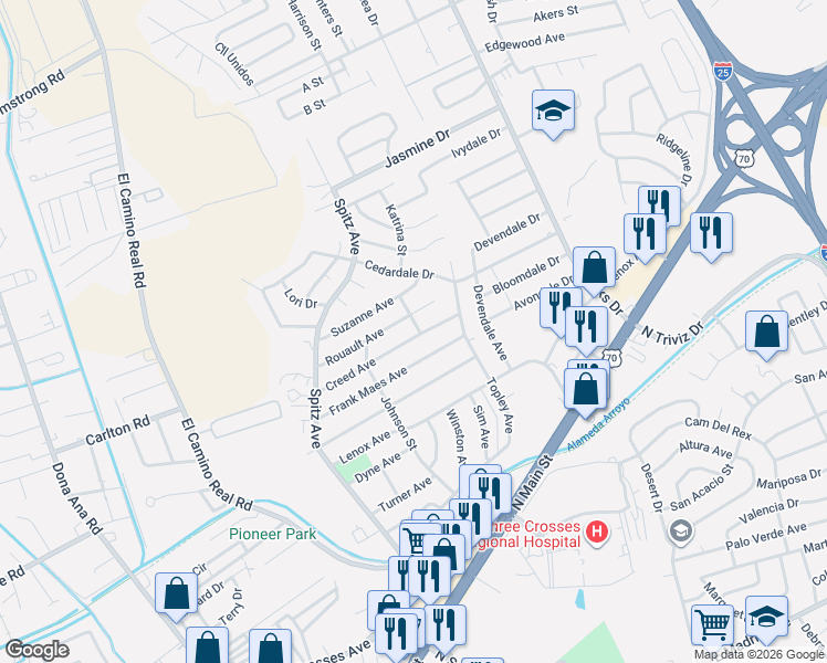 map of restaurants, bars, coffee shops, grocery stores, and more near 765 Creed Avenue in Las Cruces