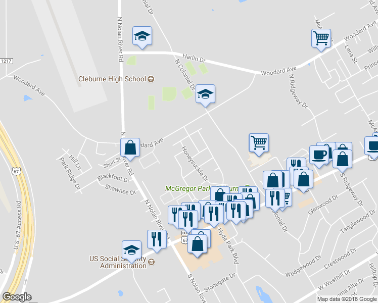 map of restaurants, bars, coffee shops, grocery stores, and more near 604 Mockingbird Drive in Cleburne