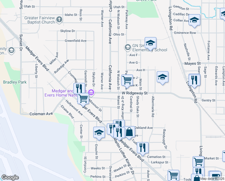 map of restaurants, bars, coffee shops, grocery stores, and more near 2024 West Ridgeway Street in Jackson