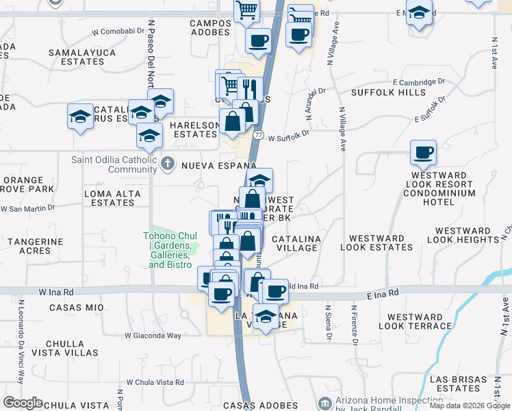 map of restaurants, bars, coffee shops, grocery stores, and more near 7400 North Oracle Road in Tucson