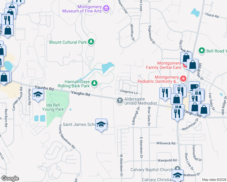 map of restaurants, bars, coffee shops, grocery stores, and more near 6508 Chaprice Lane in Montgomery