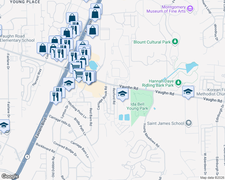 map of restaurants, bars, coffee shops, grocery stores, and more near 2019 Rexford Road in Montgomery