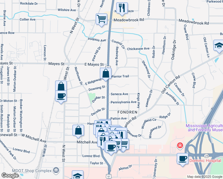 map of restaurants, bars, coffee shops, grocery stores, and more near 3718 North State Street in Jackson