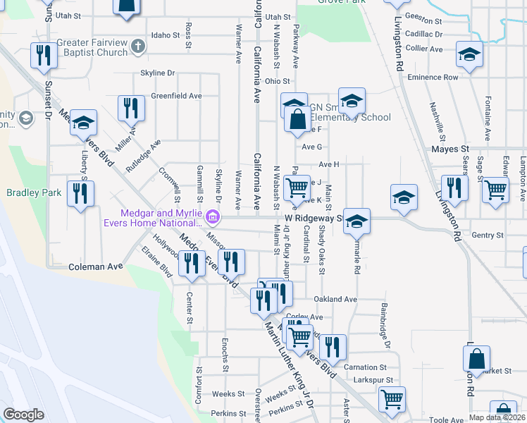 map of restaurants, bars, coffee shops, grocery stores, and more near 2024 West Ridgeway Street in Jackson