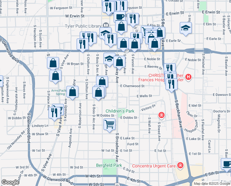 map of restaurants, bars, coffee shops, grocery stores, and more near 723 South Broadway Avenue in Tyler