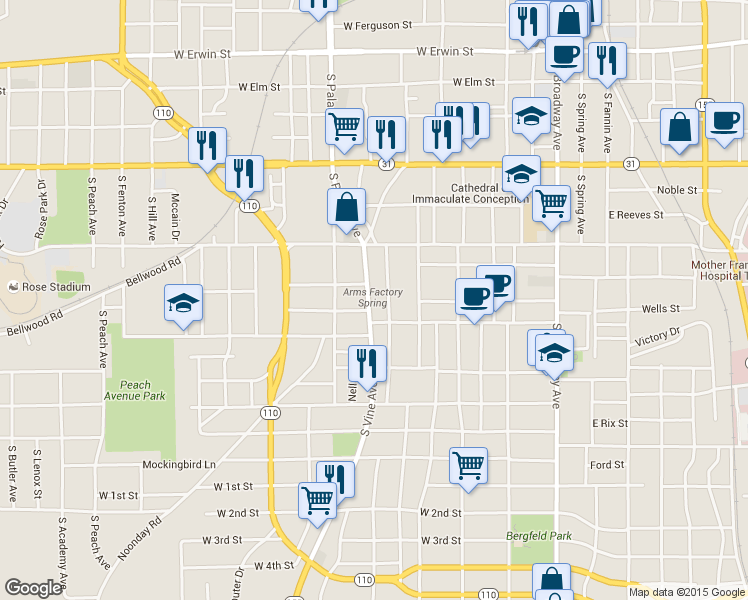 map of restaurants, bars, coffee shops, grocery stores, and more near 720 South Vine Avenue in Tyler