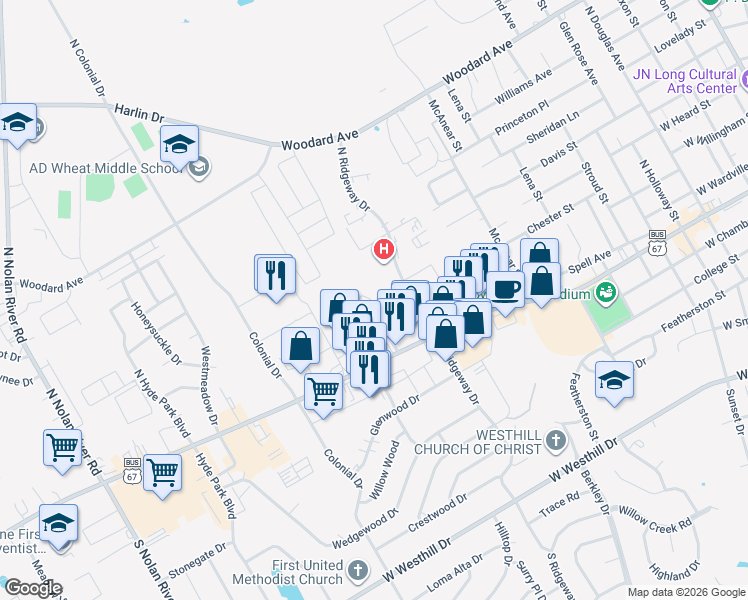 map of restaurants, bars, coffee shops, grocery stores, and more near 1605 Westridge Street in Cleburne
