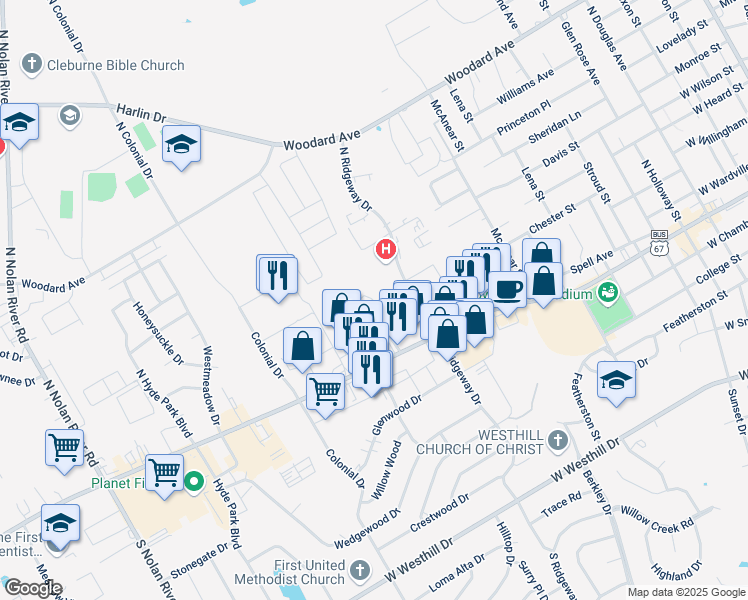 map of restaurants, bars, coffee shops, grocery stores, and more near 1605 Westridge Street in Cleburne