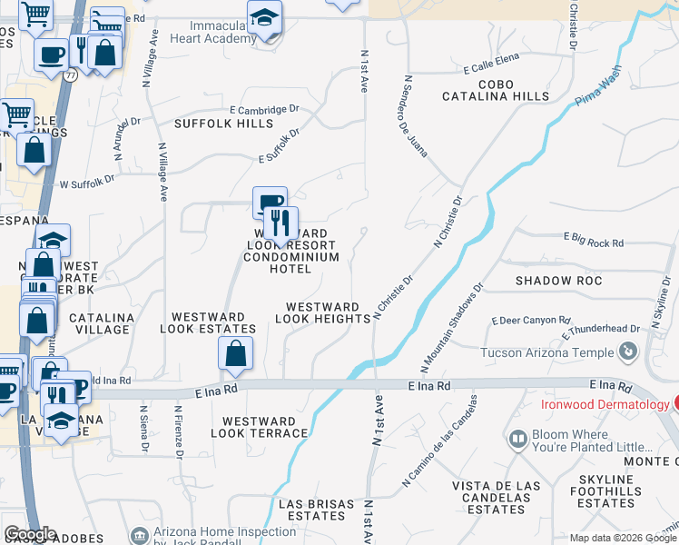 map of restaurants, bars, coffee shops, grocery stores, and more near 7441 North Avenida De Lisa in Tucson