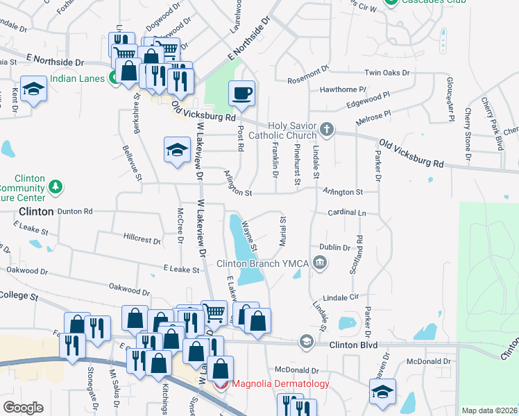 map of restaurants, bars, coffee shops, grocery stores, and more near 108 Murial Street in Clinton