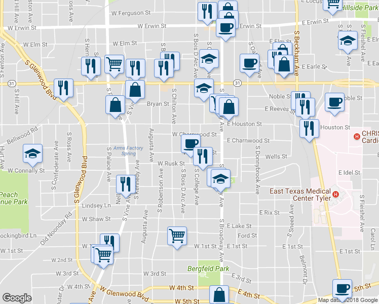 map of restaurants, bars, coffee shops, grocery stores, and more near 401 West Phillips Street in Tyler