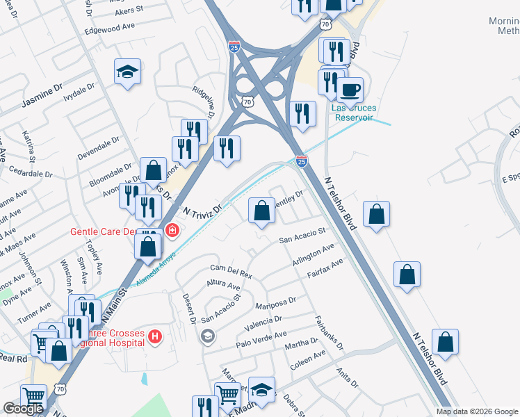 map of restaurants, bars, coffee shops, grocery stores, and more near 1973 Bentley Drive in Las Cruces