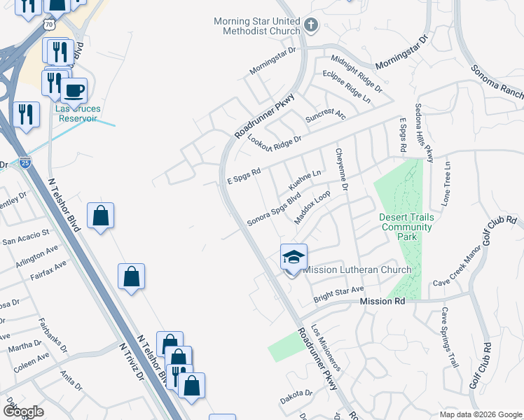 map of restaurants, bars, coffee shops, grocery stores, and more near Sonora Springs in Las Cruces
