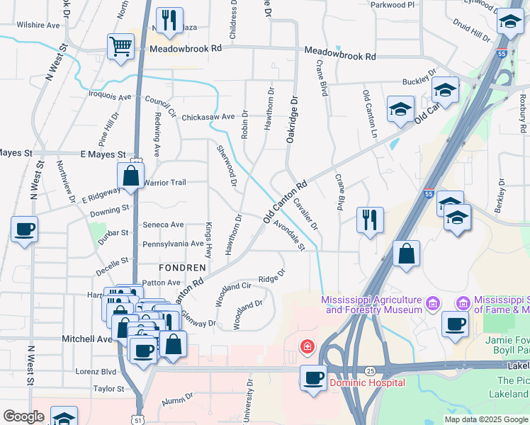 map of restaurants, bars, coffee shops, grocery stores, and more near 3711 Old Canton Road in Jackson