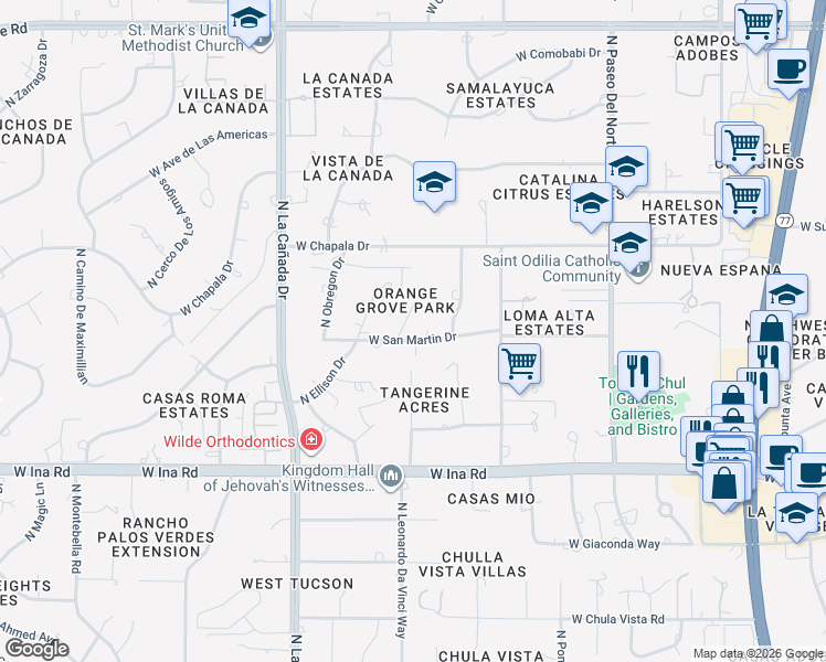 map of restaurants, bars, coffee shops, grocery stores, and more near 1145 West San Martin Drive in Tucson