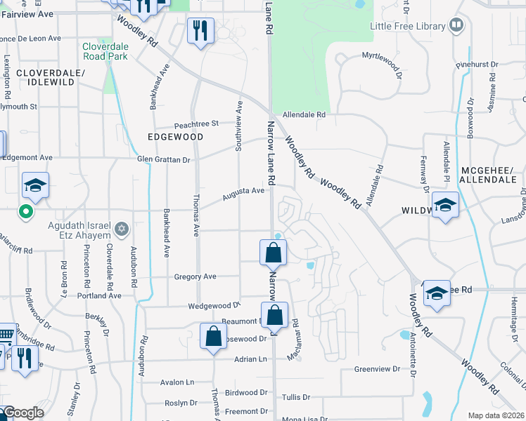 map of restaurants, bars, coffee shops, grocery stores, and more near 3456 Narrow Lane Rd in Montgomery