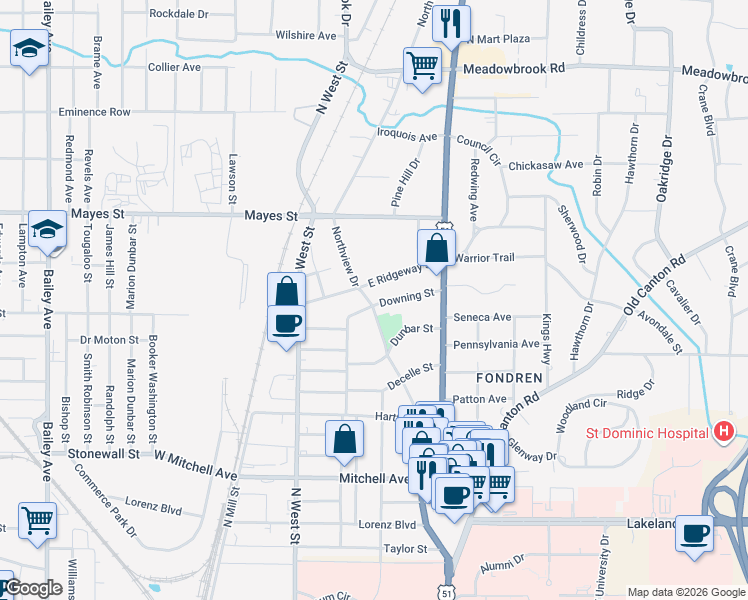 map of restaurants, bars, coffee shops, grocery stores, and more near 405 Downing Street in Jackson