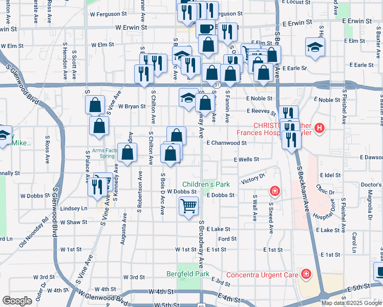 map of restaurants, bars, coffee shops, grocery stores, and more near 723 South Broadway Avenue in Tyler