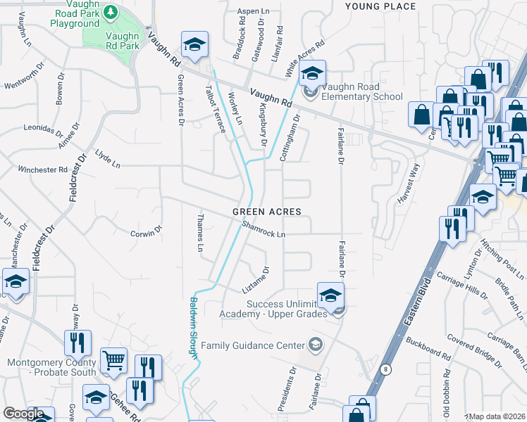 map of restaurants, bars, coffee shops, grocery stores, and more near 2118 Cottingham Dr in Montgomery