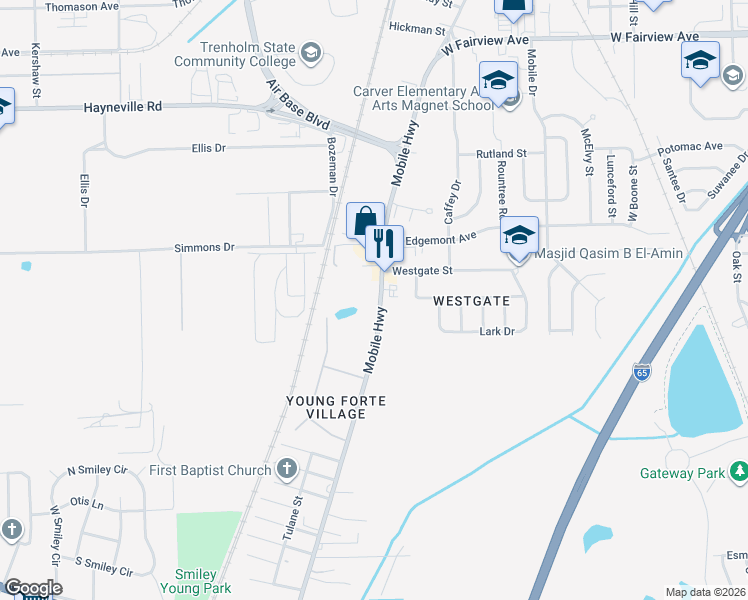 map of restaurants, bars, coffee shops, grocery stores, and more near 3420 Mobile Highway in Montgomery