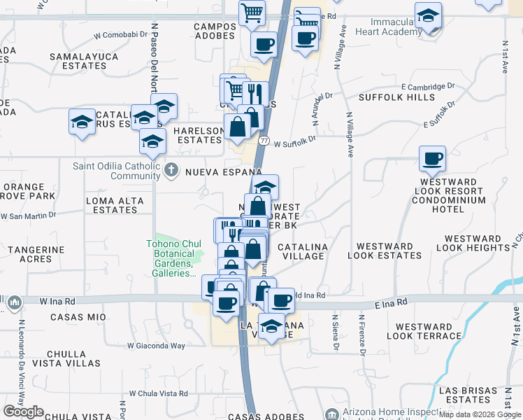 map of restaurants, bars, coffee shops, grocery stores, and more near 7400 North Oracle Road in Tucson
