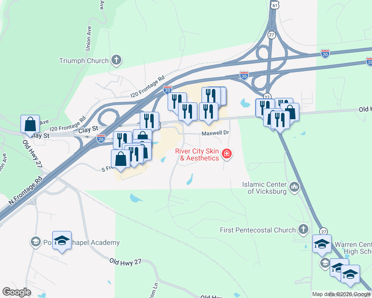 map of restaurants, bars, coffee shops, grocery stores, and more near 151 Berryman Road in Vicksburg