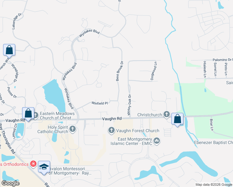 map of restaurants, bars, coffee shops, grocery stores, and more near 9748 Bent Brook Drive in Montgomery