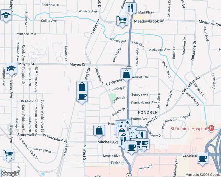 map of restaurants, bars, coffee shops, grocery stores, and more near 405 Downing Street in Jackson