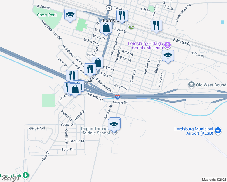 map of restaurants, bars, coffee shops, grocery stores, and more near Interstate 10 in Lordsburg