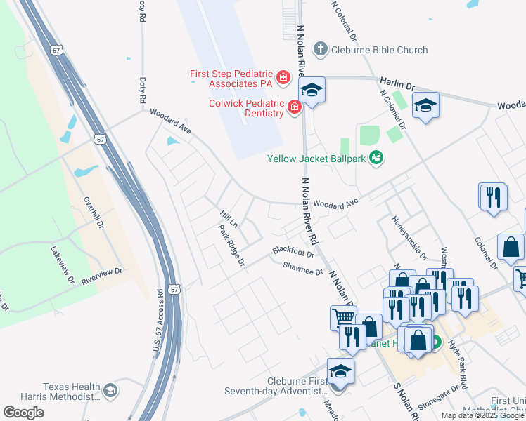 map of restaurants, bars, coffee shops, grocery stores, and more near 701 Miracle Lane in Cleburne